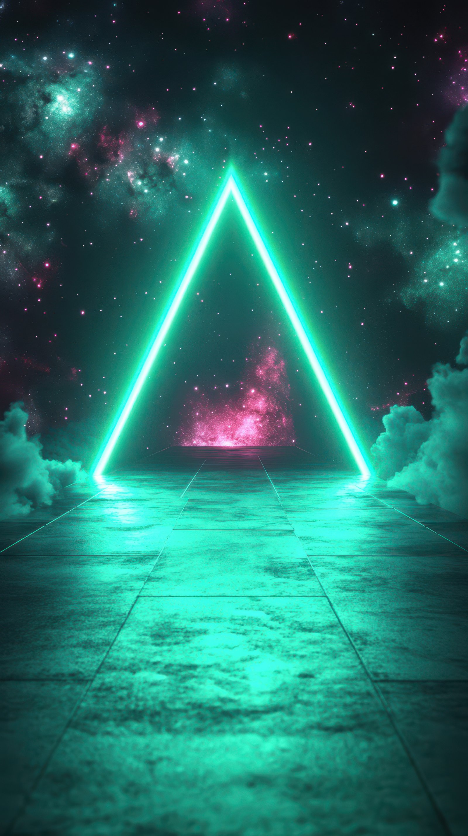 Neon triangle doorway in a cosmic landscape with mist and stars at night